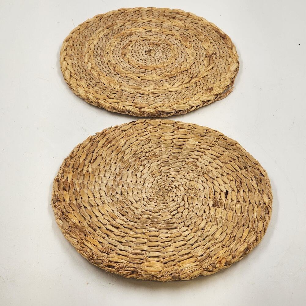 Set of 2 Vintage Raffia Woven Trivets Round Hot Pads 8" Farmhouse Boho